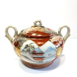 Antique 1920s Japanese KUTANI Porcelain Red Gold Hand Painted Moriage Sugar Bowl